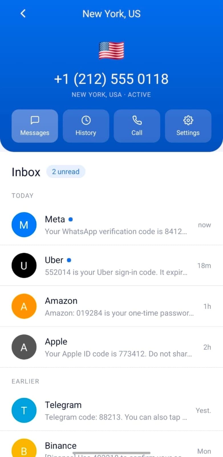 Cubo app inbox showing verification codes
